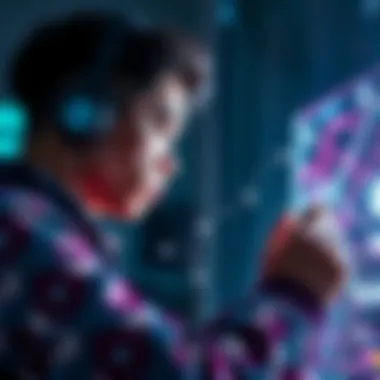 A futuristic view of an artist creating digital art with blockchain technology.