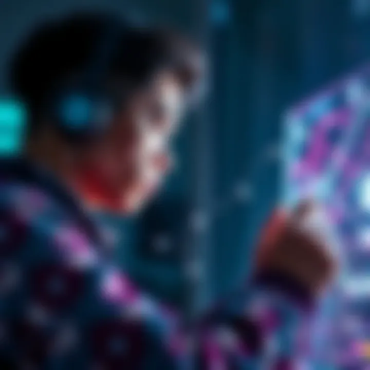 A futuristic view of an artist creating digital art with blockchain technology.