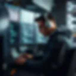 A sophisticated individual analyzing code on multiple screens