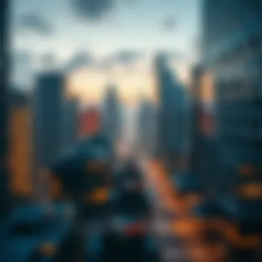 A futuristic cityscape with cybersecurity elements illustrated